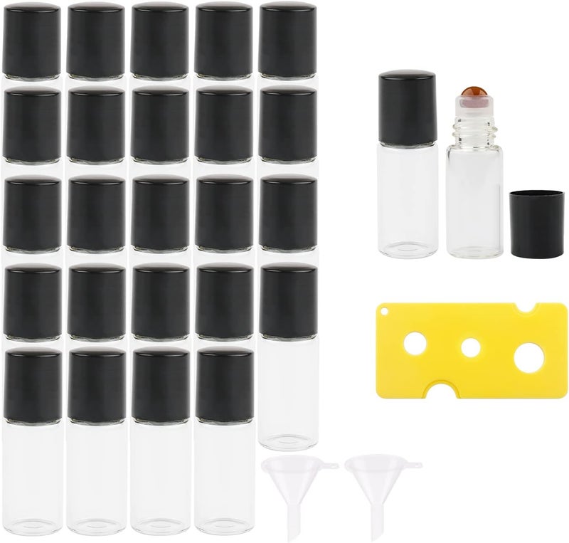 NewZoll 26Pcs 3ml Glass Roller Bottles, Clear Mini Glass Roll-on Bottles with Opener & 2 Funnels, Empty Sample Roller Vials for Essential Oil Perfume Fragrance Aromatherapy, Amber 
