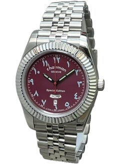 Chairman GENEVE Men's Silver Stainless Steel Wrist Watch, Day/Date with Maroon Dial and Arabic Numbers  - Image 2