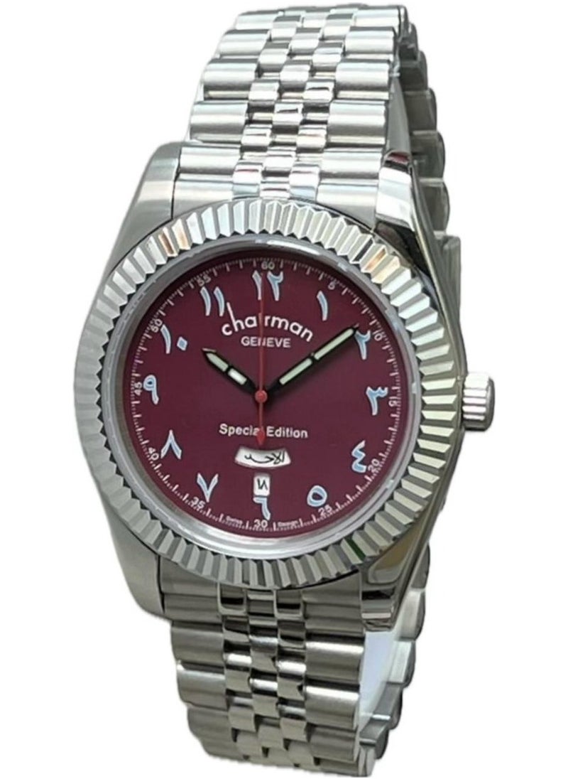 Chairman GENEVE Men's Silver Stainless Steel Wrist Watch, Day/Date with Maroon Dial and Arabic Numbers  - Image 2