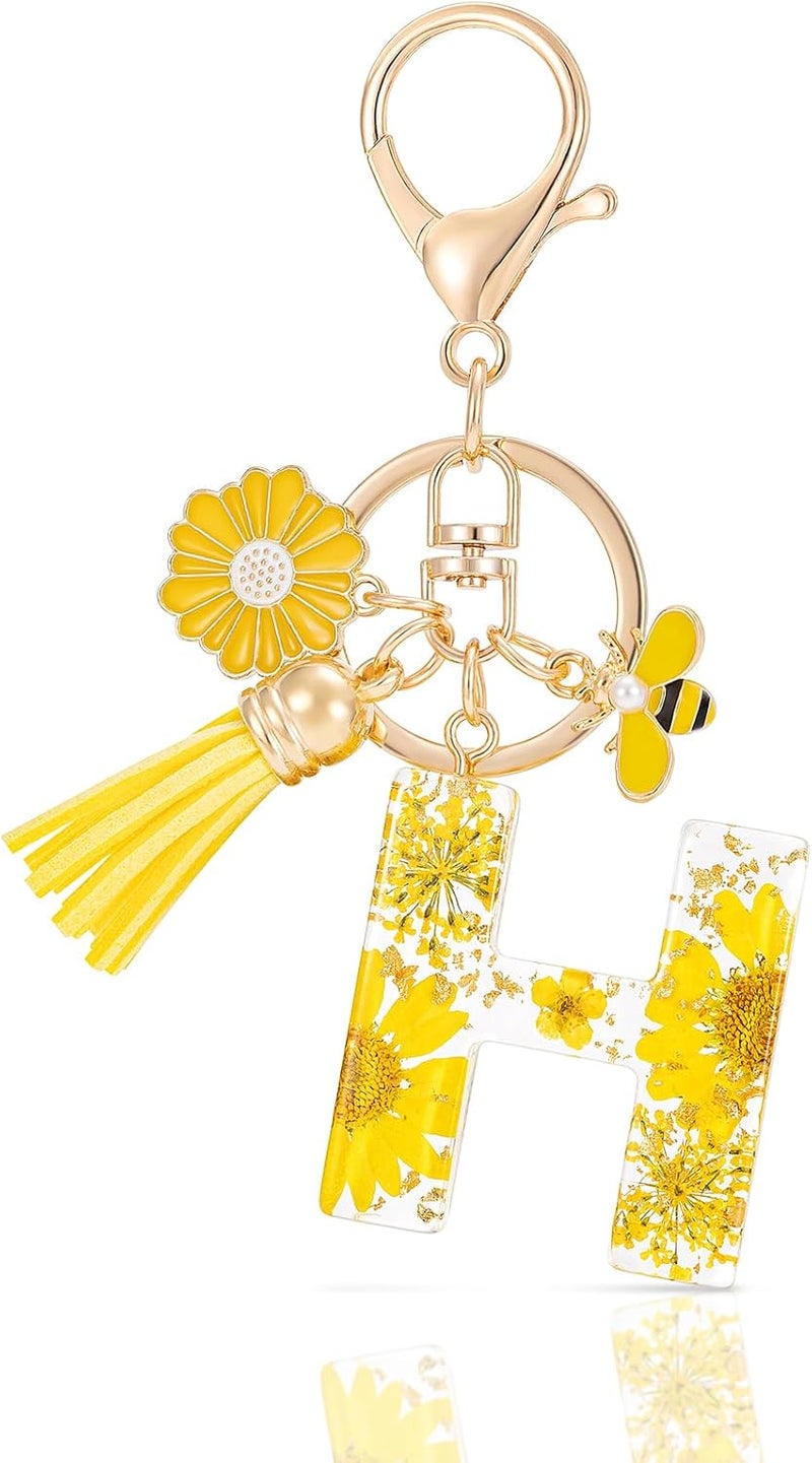 MWOOT Initial Letter Keychain Resin Alphabet Keyrings,Yellow Petals Gold Foil Key Ring Key Chain Charm, Yellow-h, 1 - Image 1