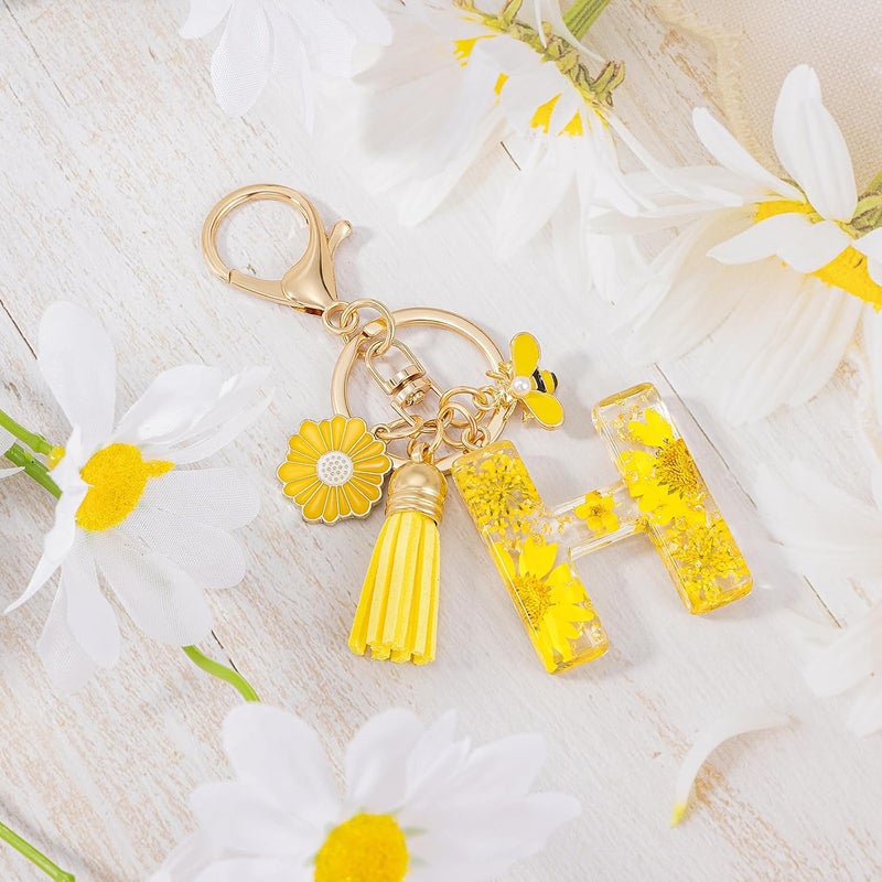MWOOT Initial Letter Keychain Resin Alphabet Keyrings,Yellow Petals Gold Foil Key Ring Key Chain Charm, Yellow-h, 1 - Image 4