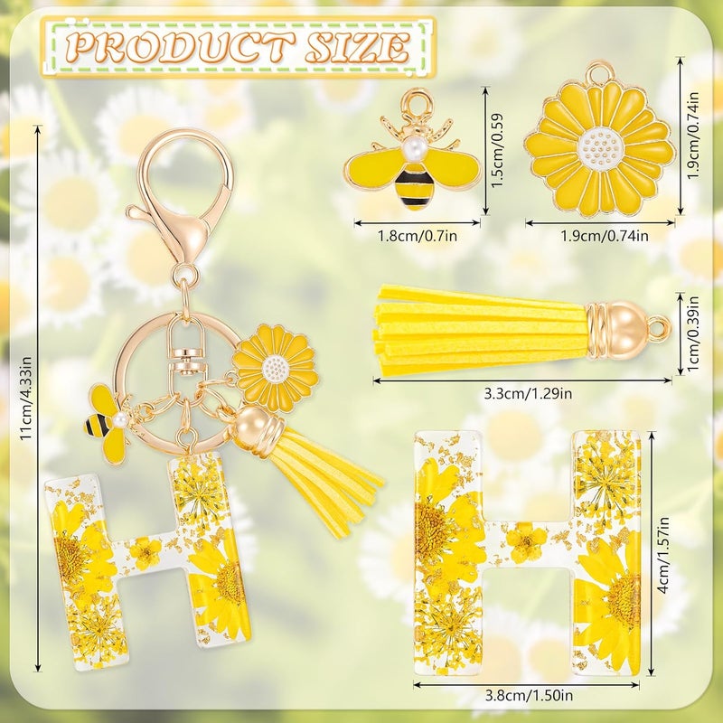MWOOT Initial Letter Keychain Resin Alphabet Keyrings,Yellow Petals Gold Foil Key Ring Key Chain Charm, Yellow-h, 1 - Image 3