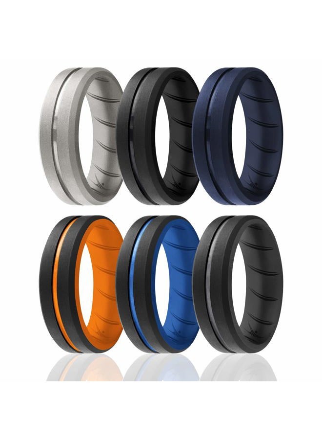 ROQ Silicone Rubber Wedding Ring for Men, Comfort Fit, Men's Wedding Band, 8mm Wide 2mm Thick, Engraved Duo Middle Line, 6 Pack, Black, Silver, Grey, Dark Blue, Orange, Light Blue, Size 9 - Image 1