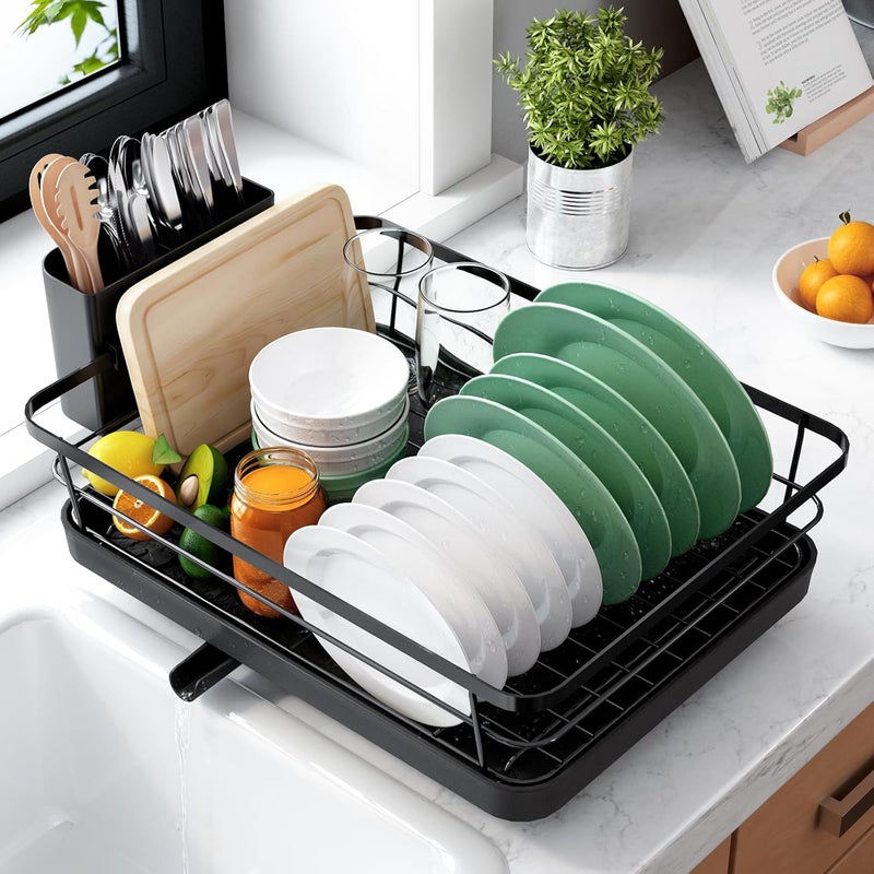 Kitsure 2-Tier Dish Drying Rack for Kitchen Counter, Stainless Steel Dish Drainer with Drainboard & Cutlery Holder, Kitchen Sink Organizer for Plates and Bowls, Black, 30 × 39 × 31 cm Low dust buildup - Image 1