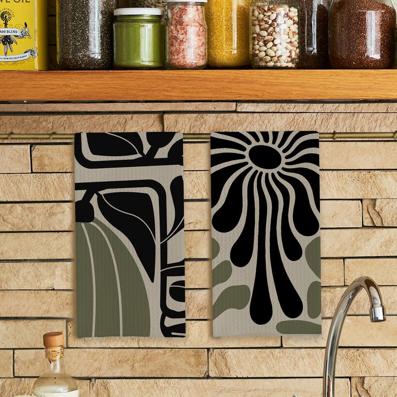 Qpenm Sage Green Groovy 70s Retro Kitchen Towels Set of 2 - Boho Floral Dish Towels for Kitchen, Boho Hand Towels for Bathroom, Boho Sage Green Bathroom Kitchen Decor, 16x24 Inches - Image 2