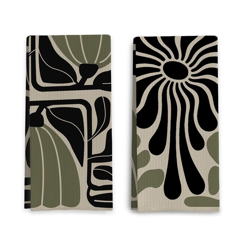 Qpenm Sage Green Groovy 70s Retro Kitchen Towels Set of 2 - Boho Floral Dish Towels for Kitchen, Boho Hand Towels for Bathroom, Boho Sage Green Bathroom Kitchen Decor, 16x24 Inches - Image 1