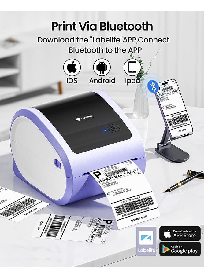 phomemo D520-BT Bluetooth Thermal Label Printer, 4x6" Wireless Shipping Label Printer Build-In Holder, Thermal Label Maker for Return Shipping Package, Compatible with PC/ IOS/ Android (Purple+White) - Image 2
