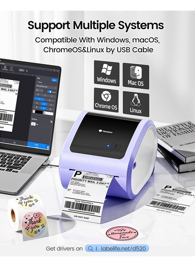 phomemo D520-BT Bluetooth Thermal Label Printer, 4x6" Wireless Shipping Label Printer Build-In Holder, Thermal Label Maker for Return Shipping Package, Compatible with PC/ IOS/ Android (Purple+White) - Image 4
