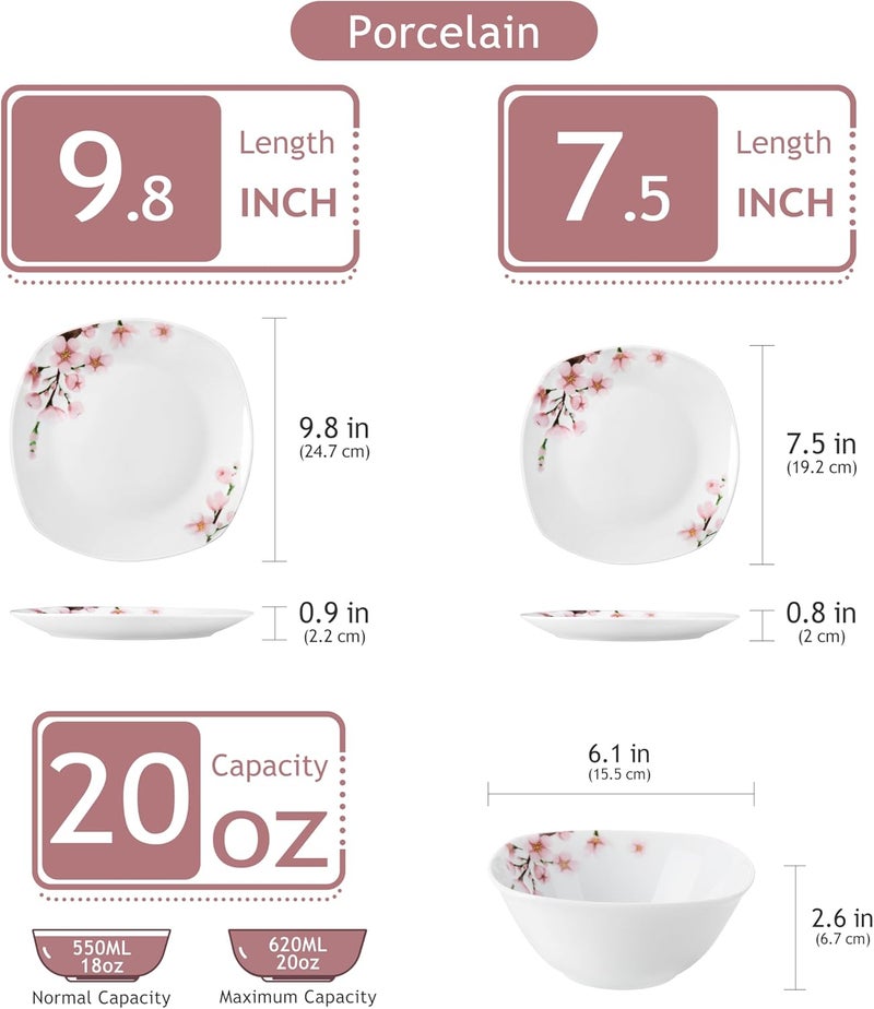 VEWEET Porcelain Dinnerware Set with Pink Floral 12 PCS Including Dinner Plates Dessert Plates and Cereal Bowls Series Annie - Image 2