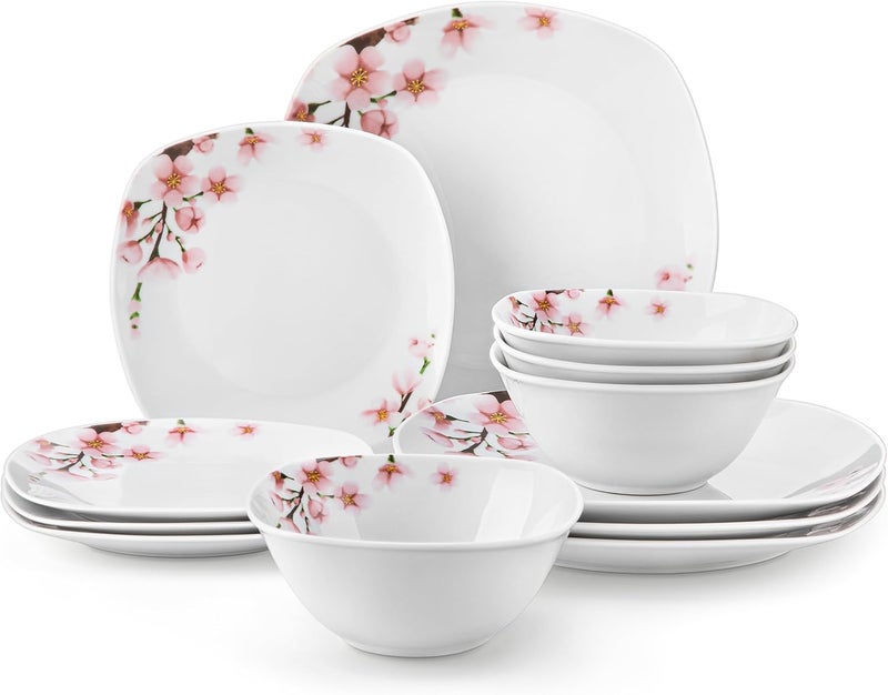 VEWEET Porcelain Dinnerware Set with Pink Floral 12 PCS Including Dinner Plates Dessert Plates and Cereal Bowls Series Annie - Image 1