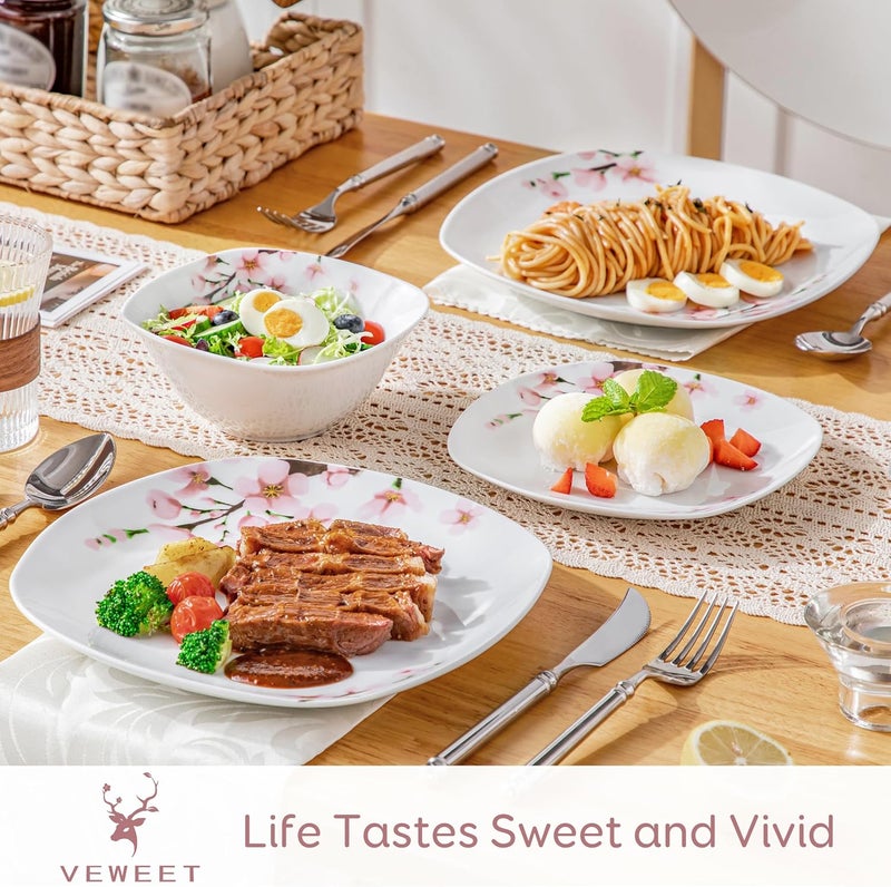 VEWEET Porcelain Dinnerware Set with Pink Floral 12 PCS Including Dinner Plates Dessert Plates and Cereal Bowls Series Annie - Image 3