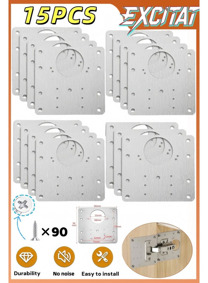 excitat 15PCS Cabinet Hinge Repair Plate, Stainless Steel Hinge Repair Brackets Kit with Fixing Screws, 3.54 x 3.54 Inch Stainless Steel Cabinet Door Repair Kit, Cabinet Hinge Repair Plate for Kitchen Cabinets, Wardrobes, Dressers, Wooden Furniture, and Shelves - Image 1