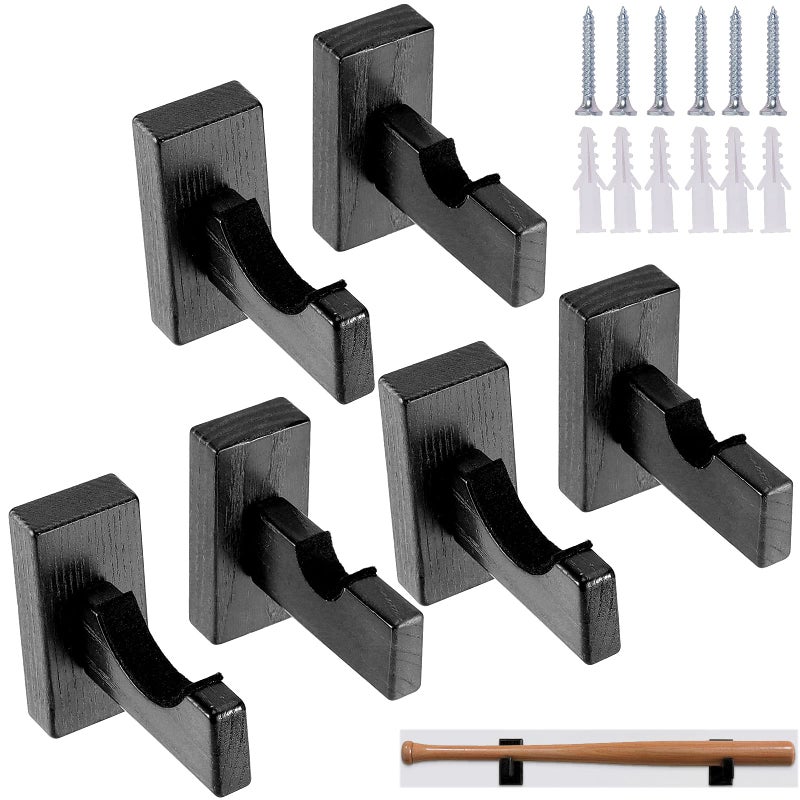 HAKZEON HAKZEON 6 PCS Baseball Bat Display Case Holder Solid Wood Rack Brackets Baseball Bat Hanger Wall Mount with 9 Protective Plugs and 9 Hidden Screws for Horizontal Display Black 