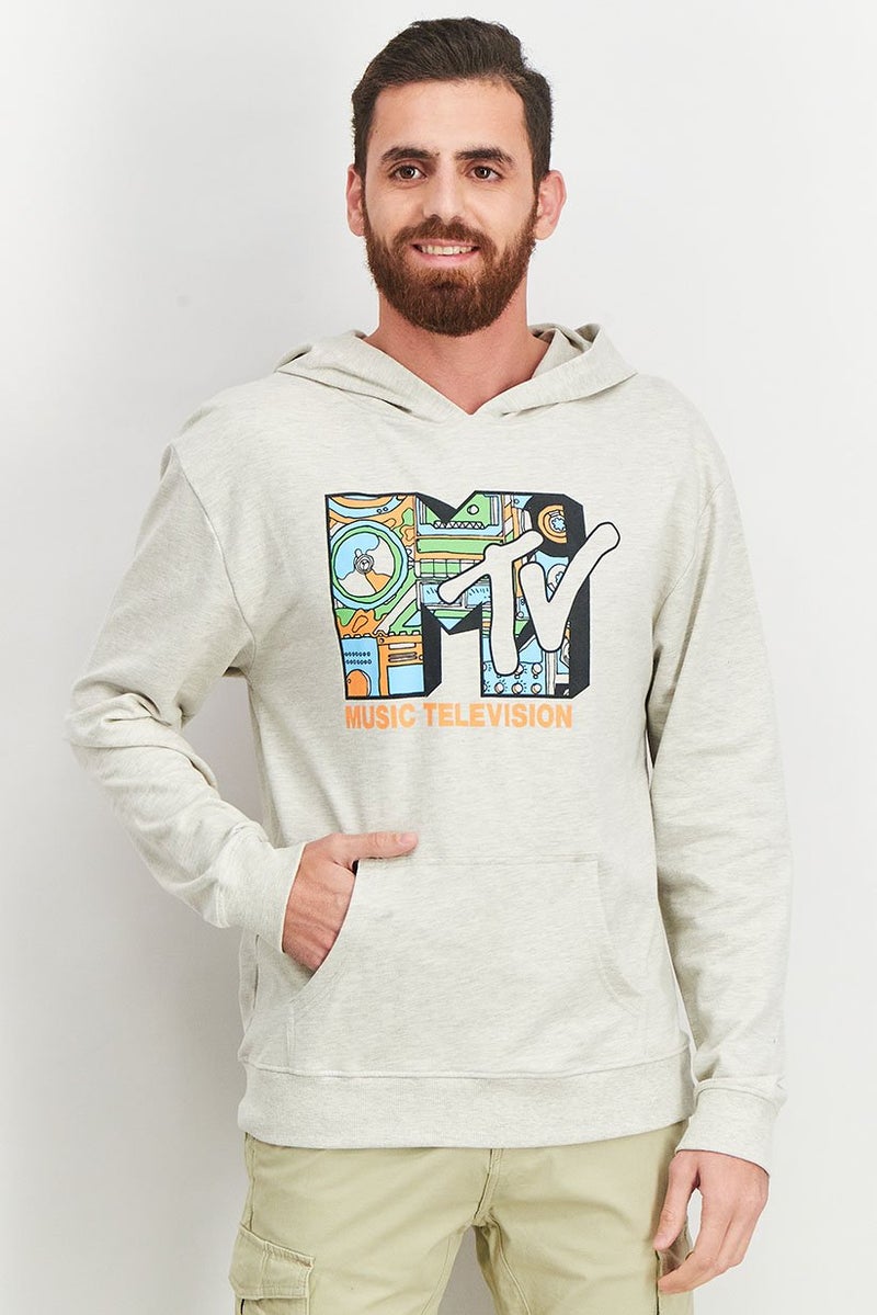 MTV Men Hooded Printed Heather Long Sleeve Sweatshirts, Light Grey - Image 1
