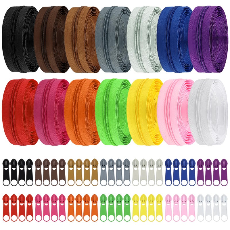 DOITEM 305 Yards 28 m 14 Pieces Assorted Colors 5 Nylon Coil Zippers Sewing Zippers Endless Zips with 56 Pieces Zipper Sliders Zip Heads for DIY Sewing Tailor Craft Supplies