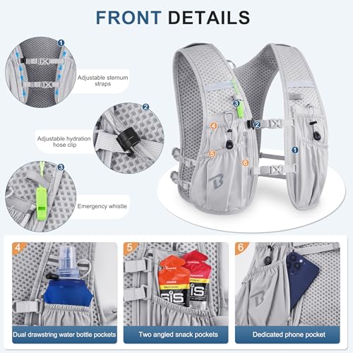 BECOJADDE Running Vest Hydration Backpack for Men Women 5L Lightweight Running Backpack Hydration Pack for Marathon Trail Cycling Hiking Jogging Gray - Image 3