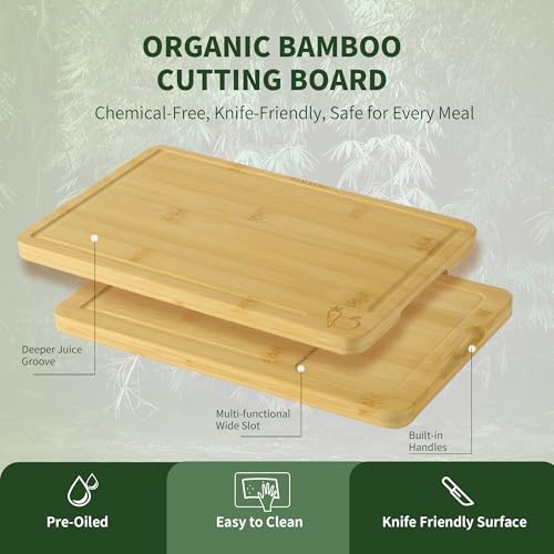 BAMBANG Bamboo Cutting Board Set, 3-Piece Wooden Chopping Boards for Kitchen, Non-Toxic Butcher Block with Juice Groove, Large Medium Small Cutting Boards for Meat, Vegetables & Cheese - Image 4