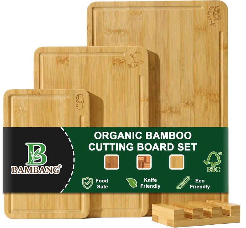 BAMBANG Bamboo Cutting Board Set, 3-Piece Wooden Chopping Boards for Kitchen, Non-Toxic Butcher Block with Juice Groove, Large Medium Small Cutting Boards for Meat, Vegetables & Cheese - Image 1
