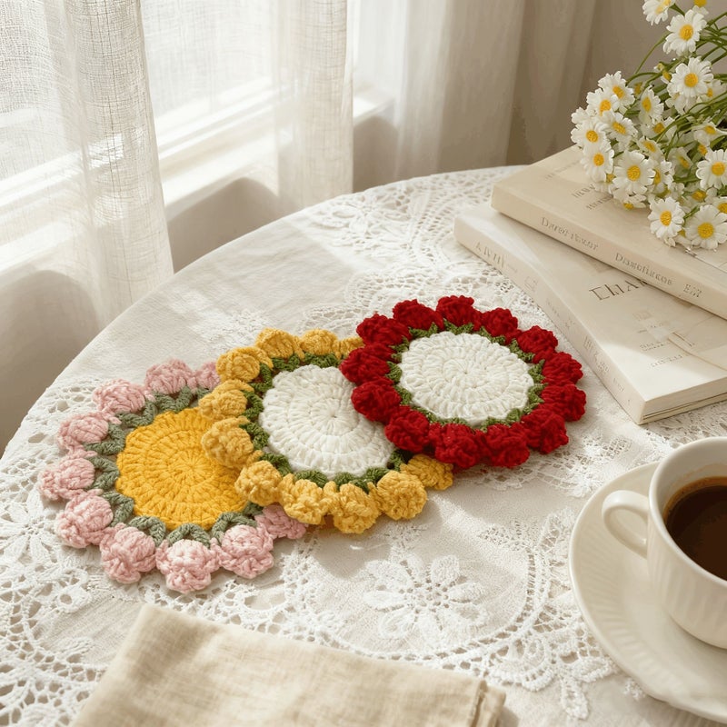 Handmade Knitted Red Rose Coaster Cute Floral Crocheted Flower Pot Bohemian Style Fabric Decoration for Table Durable Birthday Gift for Handmade Lovers Christmas - Image 2