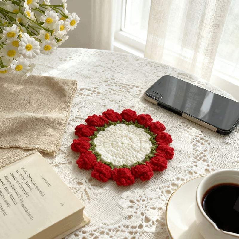Handmade Knitted Red Rose Coaster Cute Floral Crocheted Flower Pot Bohemian Style Fabric Decoration for Table Durable Birthday Gift for Handmade Lovers Christmas - Image 4