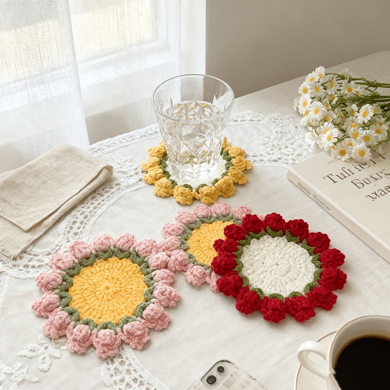Handmade Knitted Red Rose Coaster Cute Floral Crocheted Flower Pot Bohemian Style Fabric Decoration for Table Durable Birthday Gift for Handmade Lovers Christmas - Image 1