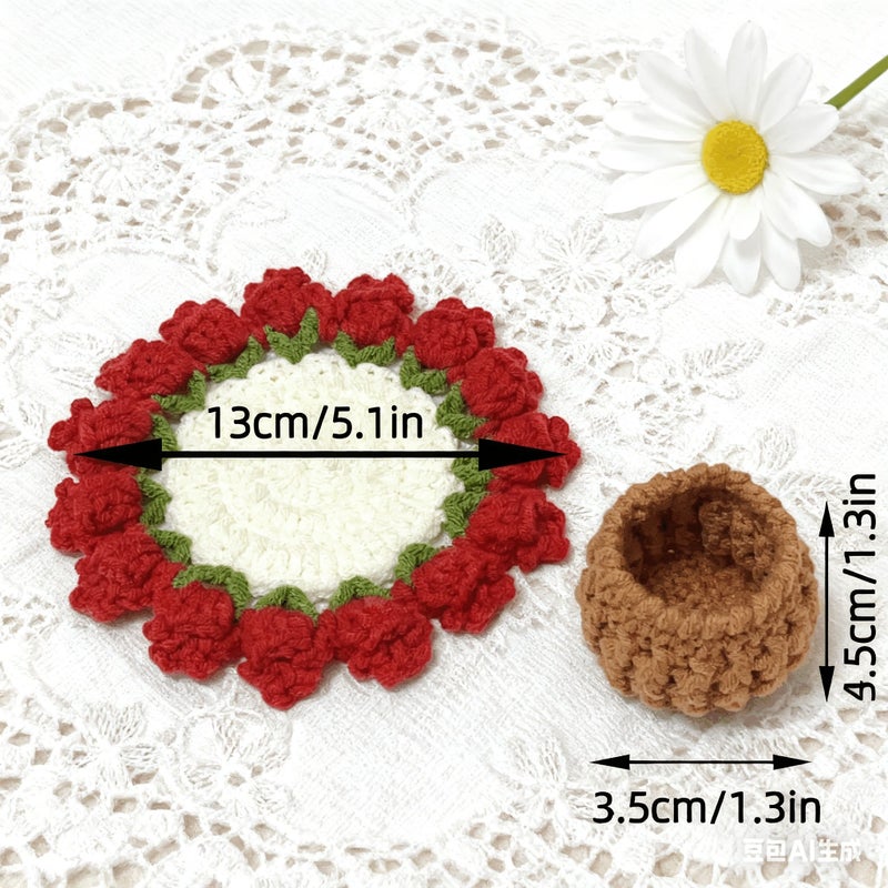Handmade Knitted Red Rose Coaster Cute Floral Crocheted Flower Pot Bohemian Style Fabric Decoration for Table Durable Birthday Gift for Handmade Lovers Christmas - Image 3