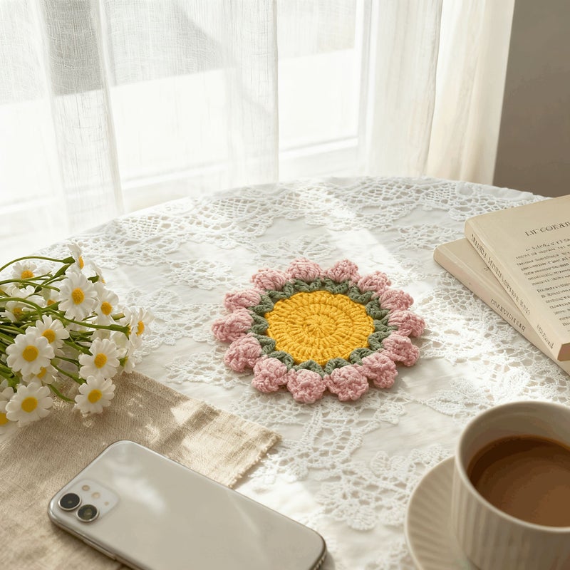 Handmade Knitted Red Rose Coaster Cute Floral Crocheted Flower Pot Bohemian Style Fabric Decoration for Table Durable Birthday Gift for Handmade Lovers Christmas - Image 5