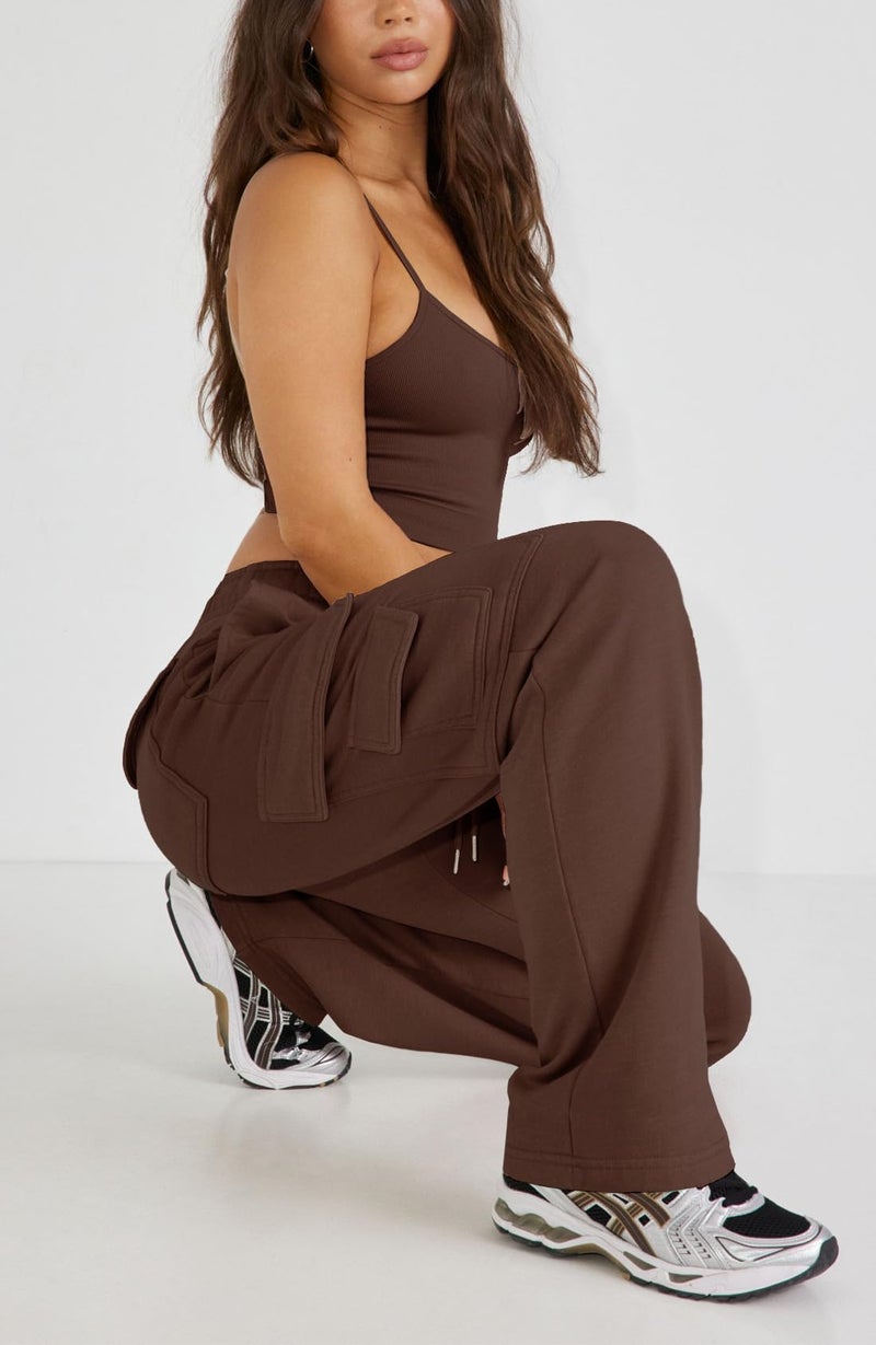 Waitfairy Cargo Sweatpants for Women - Straight Leg Fleece Lined Joggers Women Barrel Sweat Pants for Girls Y2k Clothes Gingerbread Brown S - Image 4