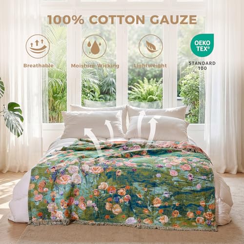 LUTBM Boho Throw Blanket for Bed Cotton Summer Blankets Twin Size for Bedroom Living Room All Season Lightweight Floral Embroidery Reversible Quilt for Couch Sofa Chair 60x80 Home Decor - Image 3