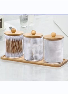 3 Pack Wood Lids Cotton Swab Boxes with Round Cover and 1 Bamboo Tray Transparent Bathroom Dispenser Storage
