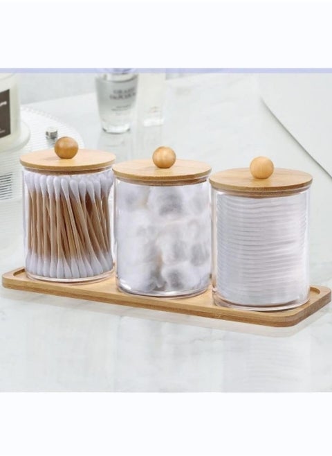 3 Pack Wood Lids Cotton Swab Boxes with Round Cover and 1 Bamboo Tray Transparent Bathroom Dispenser Storage