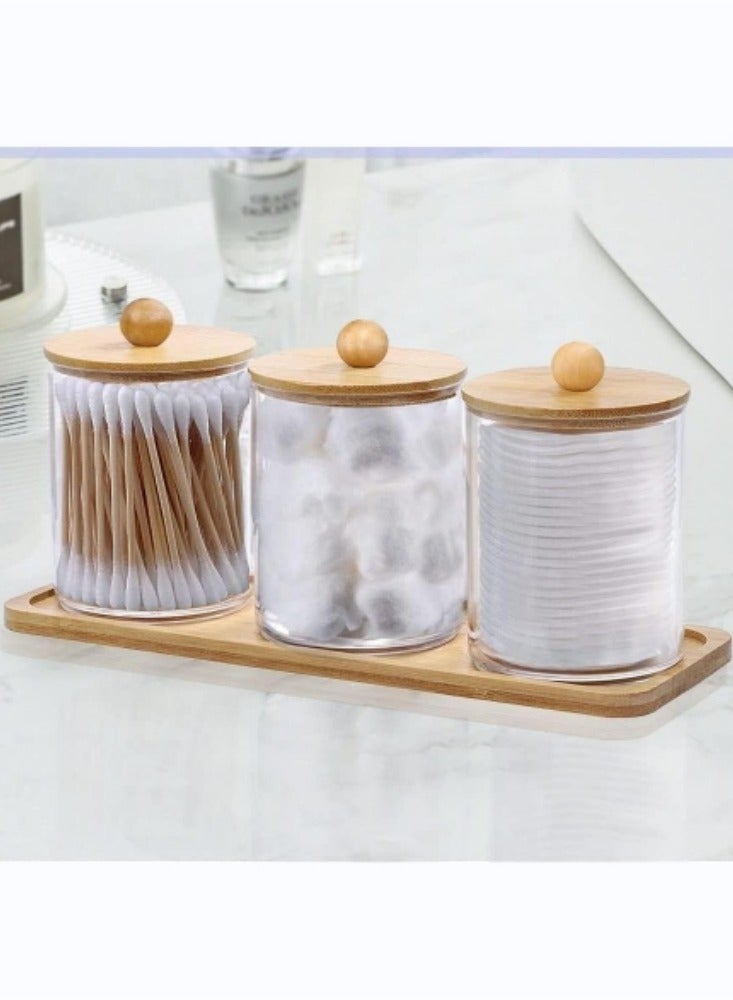 Oasisgalore - 3 Pack Wood Lids Cotton Swab Boxes with Round Cover and 1 Bamboo Tray Transparent Bathroom Dispenser Storage - Image 1