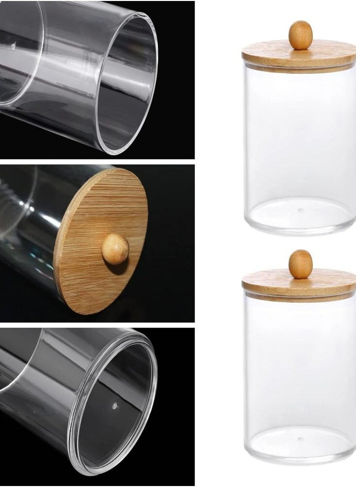 Oasisgalore - 3 Pack Wood Lids Cotton Swab Boxes with Round Cover and 1 Bamboo Tray Transparent Bathroom Dispenser Storage - Image 1