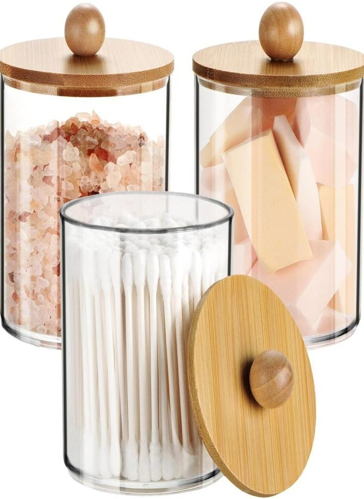 Oasisgalore - 3 Pack Wood Lids Cotton Swab Boxes with Round Cover and 1 Bamboo Tray Transparent Bathroom Dispenser Storage - Image 1