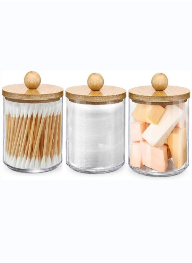Oasisgalore - 3 Pack Wood Lids Cotton Swab Boxes with Round Cover and 1 Bamboo Tray Transparent Bathroom Dispenser Storage - Image 1