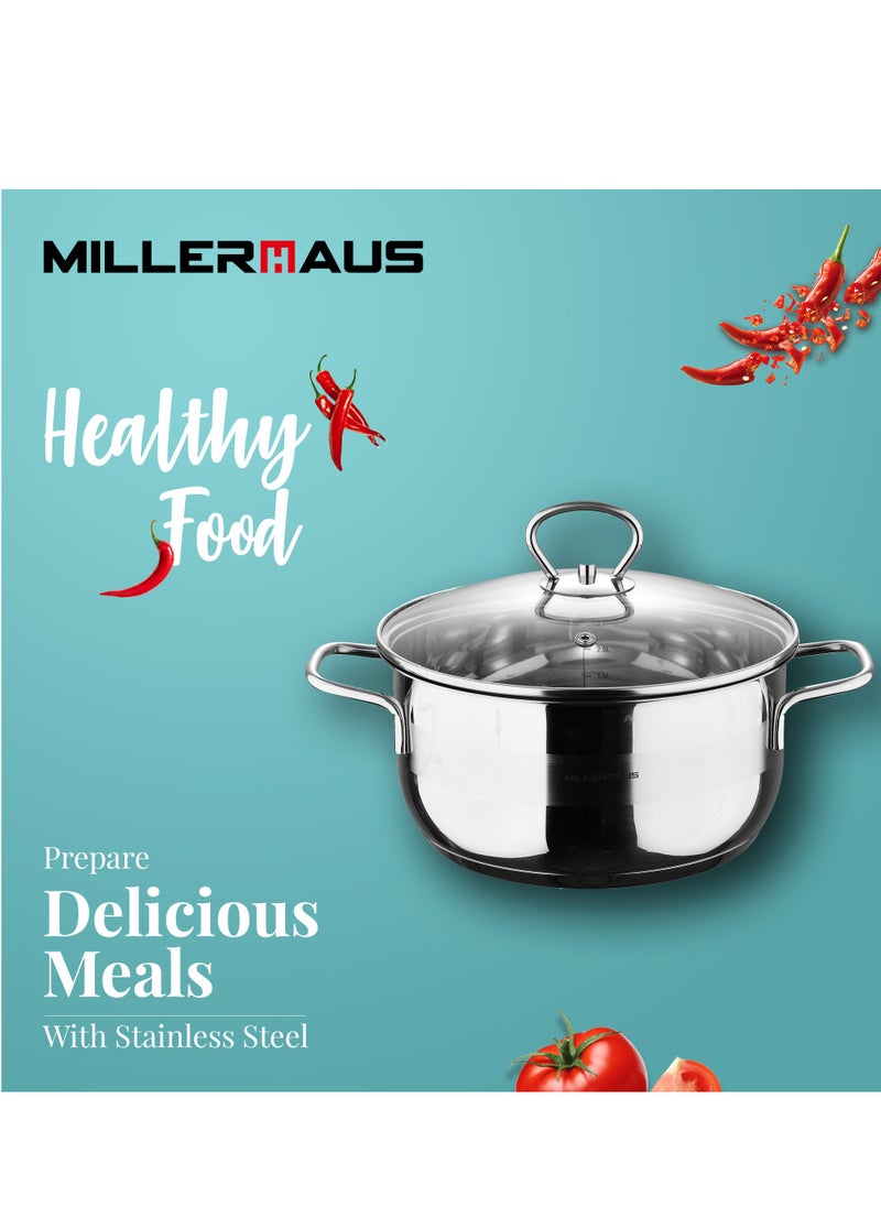 MILLERHAUS Millerhaus Casserole Ø28X14Cm S/S Induction With Lid Casserole With Lid - Stainless Steel - Ø28X14Cm 6.8L - Induction - Shiny And Matt - Straight Shape - Measuring Scale - Welded Wire Handle And Knob , Exceptional Durability and Strength Stainless steel body with Glass Lid  - Image 4
