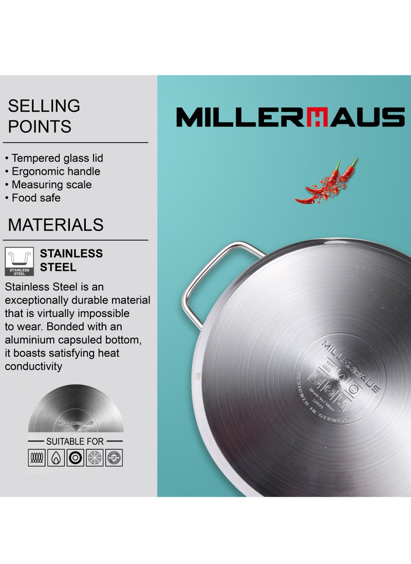 MILLERHAUS Millerhaus Casserole Ø28X14Cm S/S Induction With Lid Casserole With Lid - Stainless Steel - Ø28X14Cm 6.8L - Induction - Shiny And Matt - Straight Shape - Measuring Scale - Welded Wire Handle And Knob , Exceptional Durability and Strength Stainless steel body with Glass Lid  - Image 3