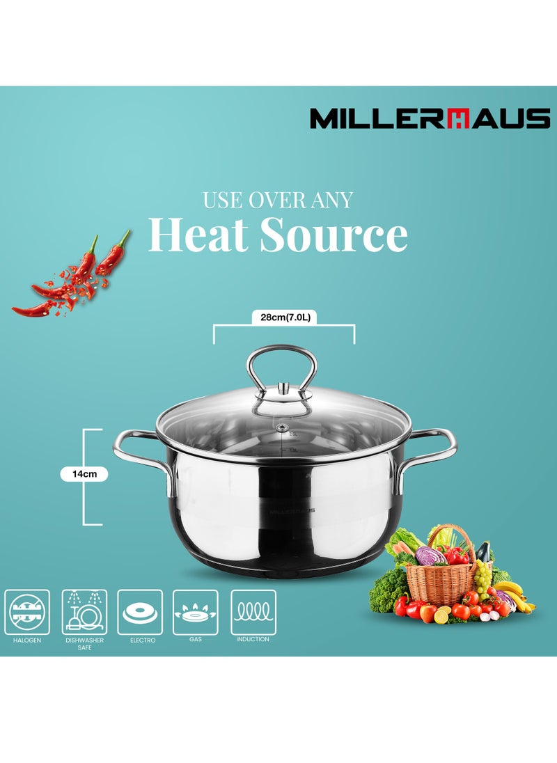 MILLERHAUS Millerhaus Casserole Ø28X14Cm S/S Induction With Lid Casserole With Lid - Stainless Steel - Ø28X14Cm 6.8L - Induction - Shiny And Matt - Straight Shape - Measuring Scale - Welded Wire Handle And Knob , Exceptional Durability and Strength Stainless steel body with Glass Lid  - Image 2