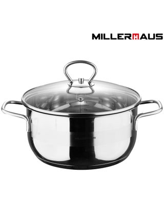Millerhaus Casserole Ø28X14Cm S/S Induction With Lid Casserole With Lid - Stainless Steel - Ø28X14Cm 6.8L - Induction - Shiny And Matt - Straight Shape - Measuring Scale - Welded Wire Handle And Knob , Exceptional Durability and Strength Stainless steel body with Glass Lid