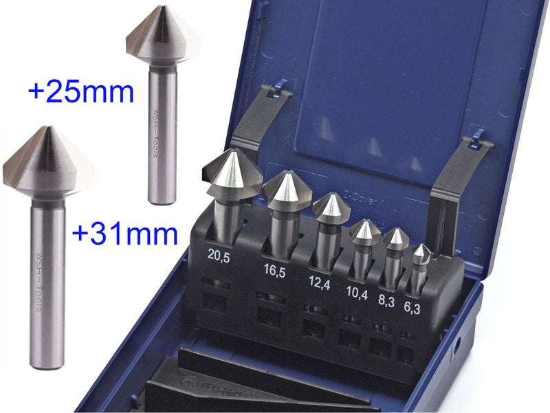 WSH-TOOLS Countersink Set 8 pieces HSSE-Co5 90° DIN 335C Blank uneven pitch (chatter-free) in rose box - Image 1