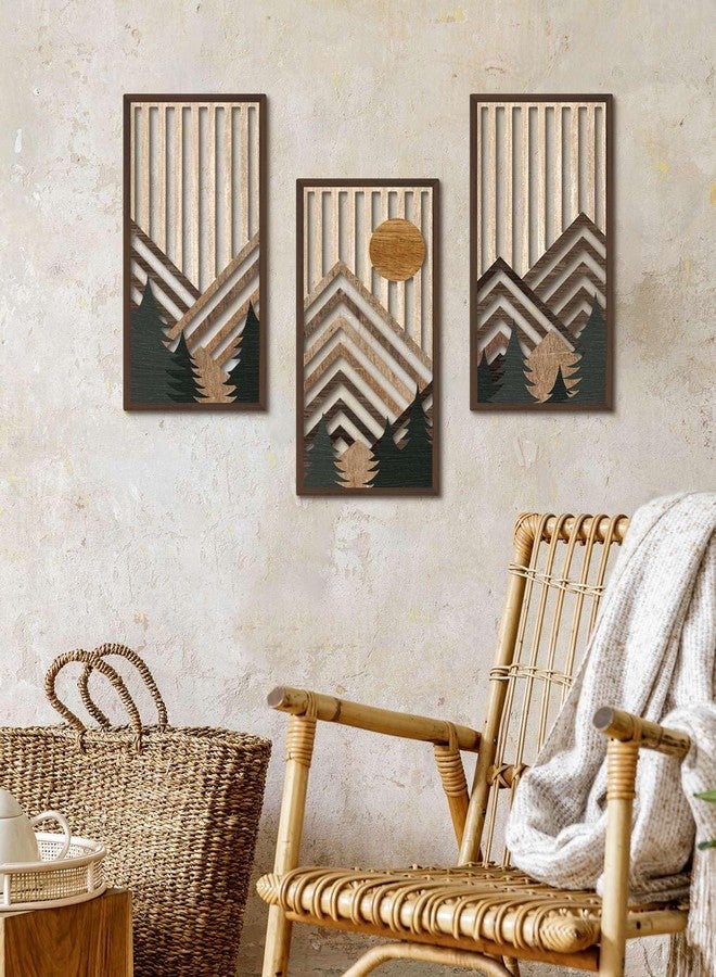 Putuo Decor مجموعة لوحات جدارية من ثلاث قطع بتصميم بوهيمي جبلي من بوتو ديكور، ديكور جداري خشبي ريفي، عمل فني هندسي مستوحى من الطبيعة، جمالية منتصف القرن الحديثة لغرفة المعيشة، غرفة النوم، المكتب، بني، 16.5 × 8.6 بوصة - Image 4