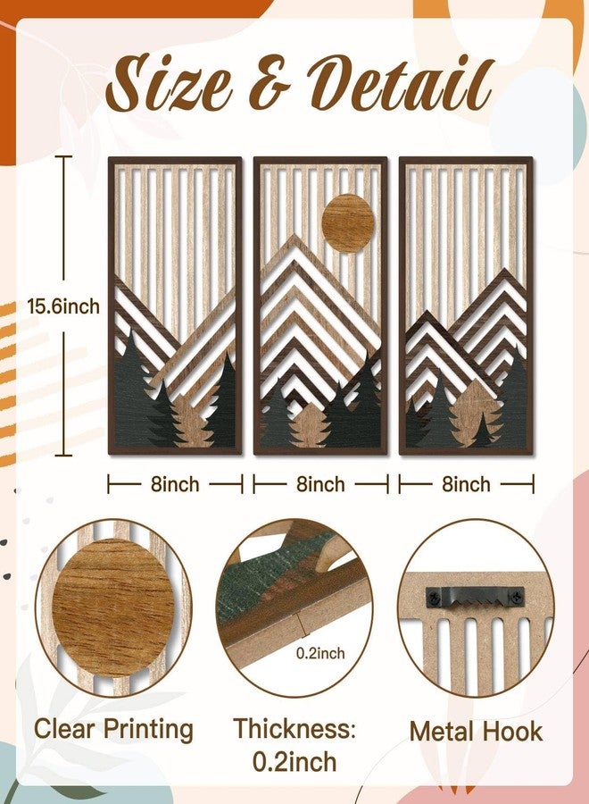 Putuo Decor مجموعة لوحات جدارية من ثلاث قطع بتصميم بوهيمي جبلي من بوتو ديكور، ديكور جداري خشبي ريفي، عمل فني هندسي مستوحى من الطبيعة، جمالية منتصف القرن الحديثة لغرفة المعيشة، غرفة النوم، المكتب، بني، 16.5 × 8.6 بوصة - Image 2