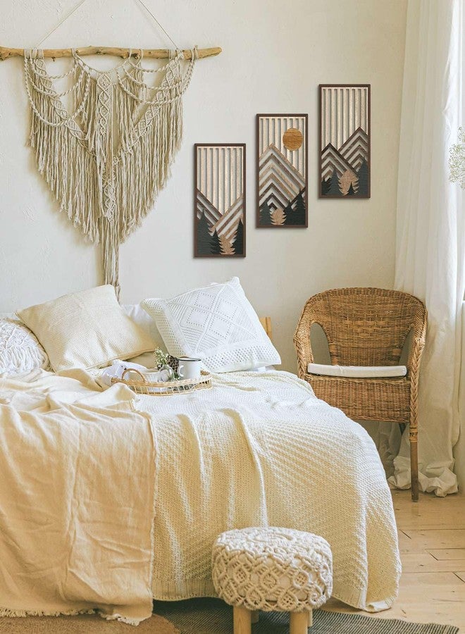 Putuo Decor مجموعة لوحات جدارية من ثلاث قطع بتصميم بوهيمي جبلي من بوتو ديكور، ديكور جداري خشبي ريفي، عمل فني هندسي مستوحى من الطبيعة، جمالية منتصف القرن الحديثة لغرفة المعيشة، غرفة النوم، المكتب، بني، 16.5 × 8.6 بوصة - Image 5