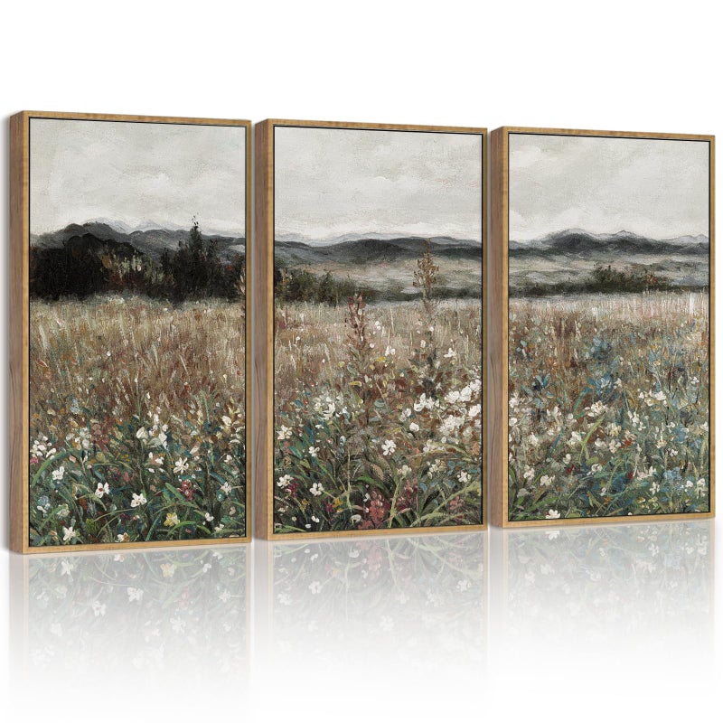 SHENIFY Vintage Landscape Framed Wall Art Meadow Flowers Farmhouse Decor Retro Classic Painting for Kitchen Living Room Bedroom Bathroom 11x14in3pcs Natural Framed - Image 2