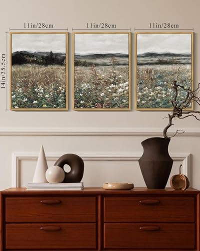 SHENIFY Vintage Landscape Framed Wall Art Meadow Flowers Farmhouse Decor Retro Classic Painting for Kitchen Living Room Bedroom Bathroom 11x14in3pcs Natural Framed - Image 3
