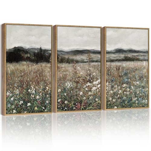 SHENIFY Vintage Landscape Framed Wall Art Meadow Flowers Farmhouse Decor Retro Classic Painting for Kitchen Living Room Bedroom Bathroom 11x14in3pcs Natural Framed - Image 1