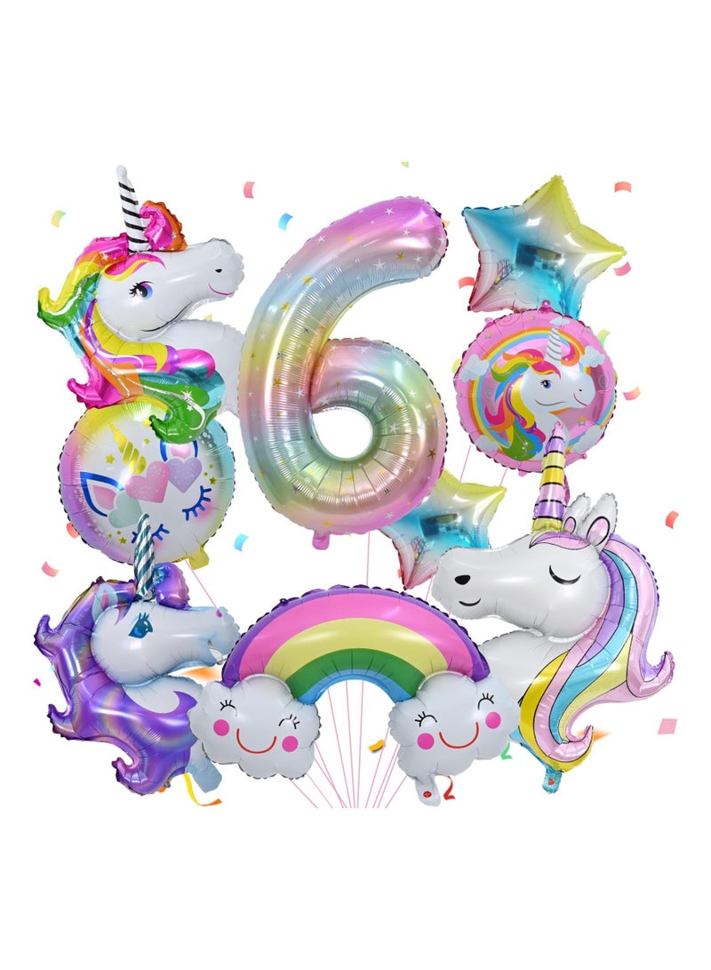 Unicorn Balloons 6th Birthday Decorations for Girls Party Decoration Number with Foil Girl Theme Supplies 10 Pcs - Image 1