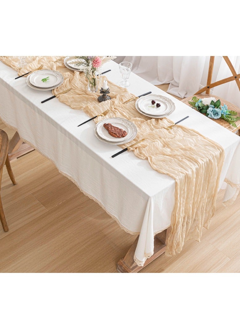 PYC 1 Pack Beige Cheesecloth Table Runner, 35x120 Inch Boho Gauze Table Runner, Cheese Cloth Long Table Runner Elegant Table Runner for Party Wedding Bridal Shower Table Decor  - Image 1