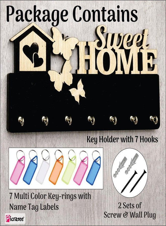 PICRAZEE Key Holder for Wall with 7 Hooks | Color Tag Key-Rings, Screws-Wall Plugs Included | Entryway Sweet Home Design with Hearts & Butterflies | Black Glitter Base, Top Wood Finish 30x14x7.5 cm - Image 2