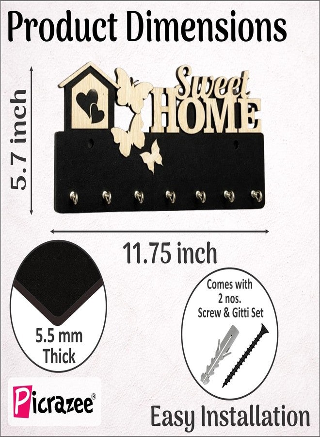 PICRAZEE Key Holder for Wall with 7 Hooks | Color Tag Key-Rings, Screws-Wall Plugs Included | Entryway Sweet Home Design with Hearts & Butterflies | Black Glitter Base, Top Wood Finish 30x14x7.5 cm - Image 3